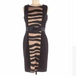 TAHARI ASL LEVINE BLACK Animal Print SHEATH DRESS 8 CAREER OFFICE FAUX LEATHER